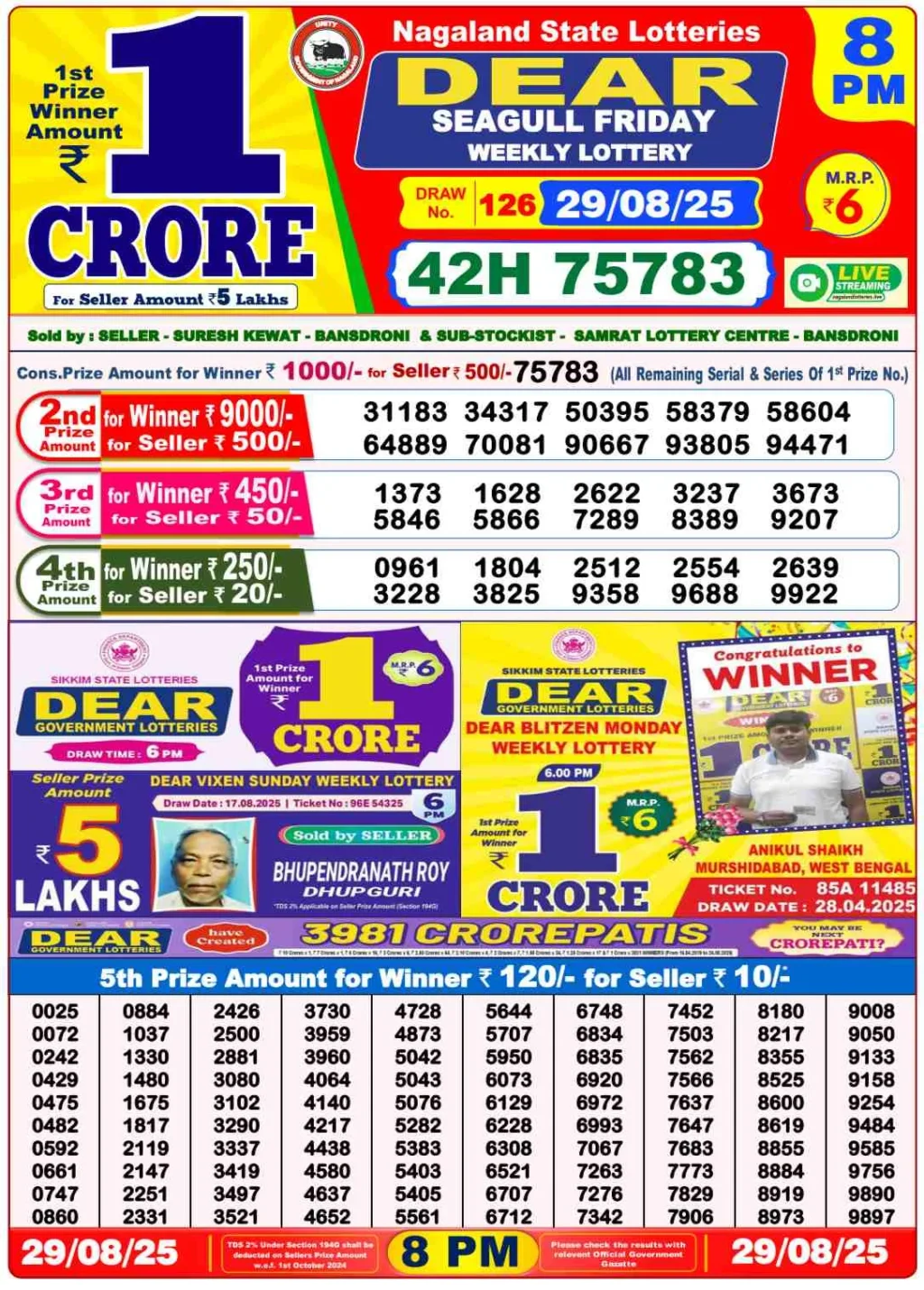 Nagaland State Lottery Old Result 8 PM 29-08-2025