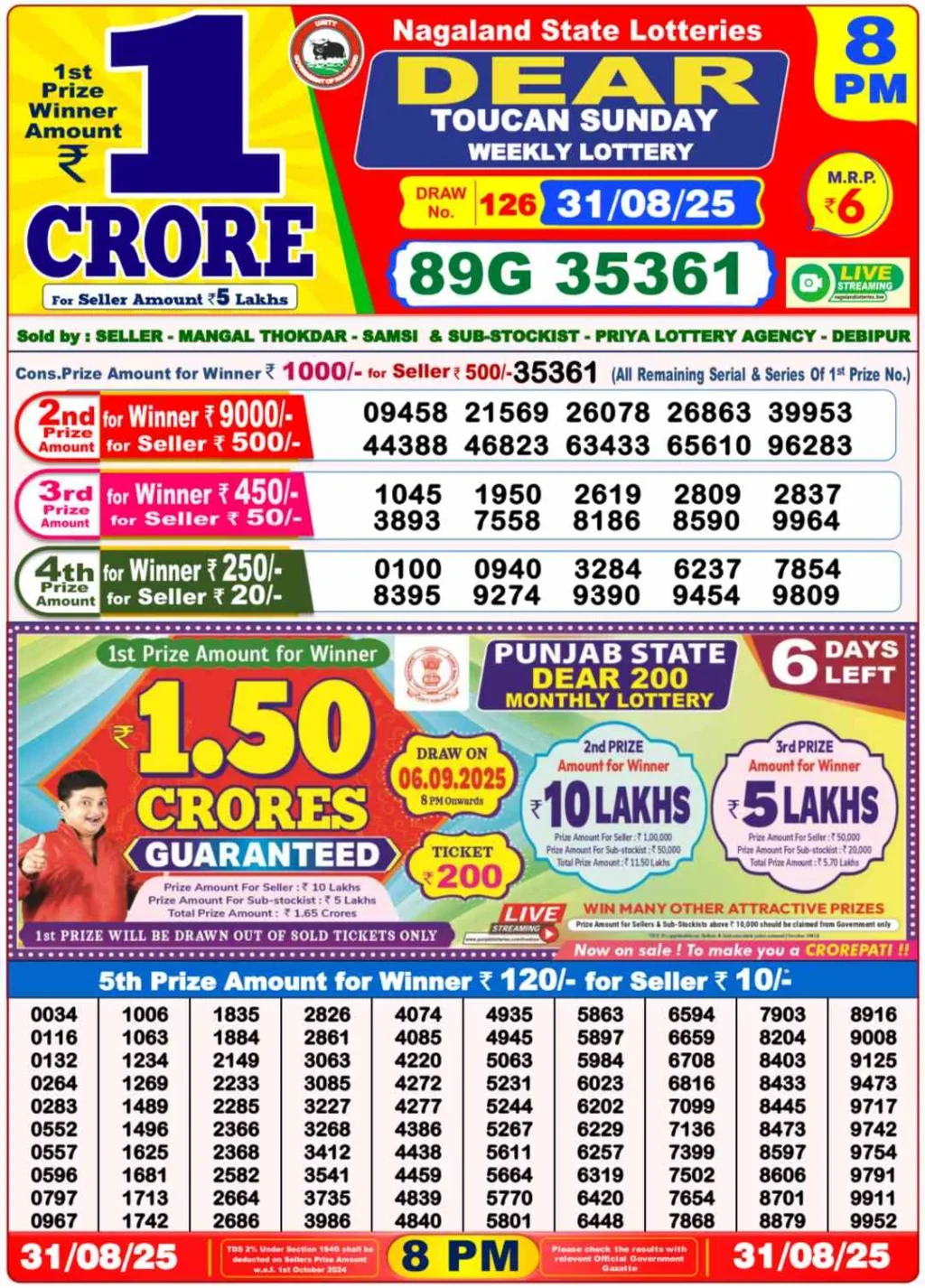 Nagaland State Lottery Old Result 8 PM 31-08-2025